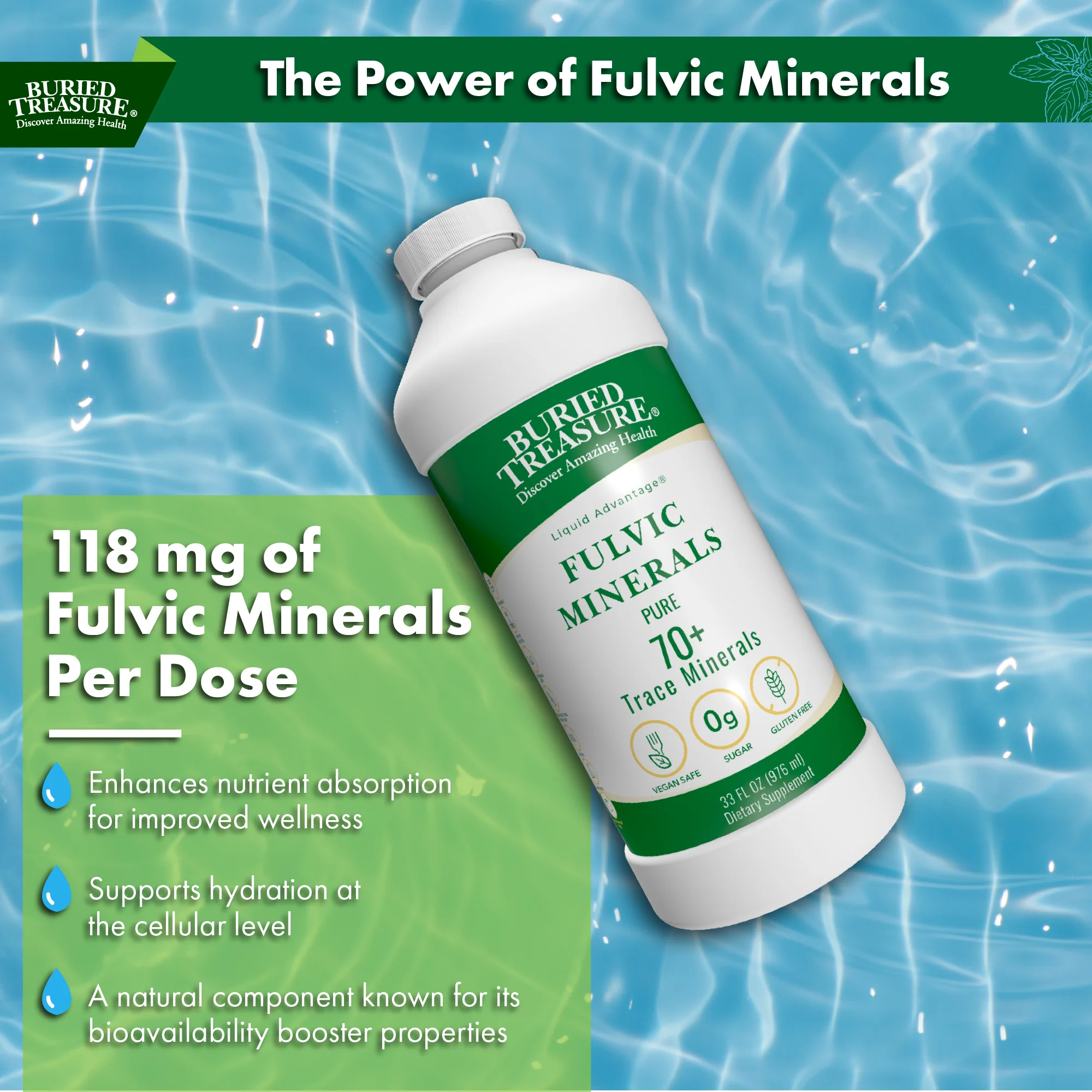 Buried Treasure Fulvic Minerals – Unflavored Liquid Mineral Supplement with 70+ Trace Elements from Humic Shale | 33 oz Bottle - Image 3